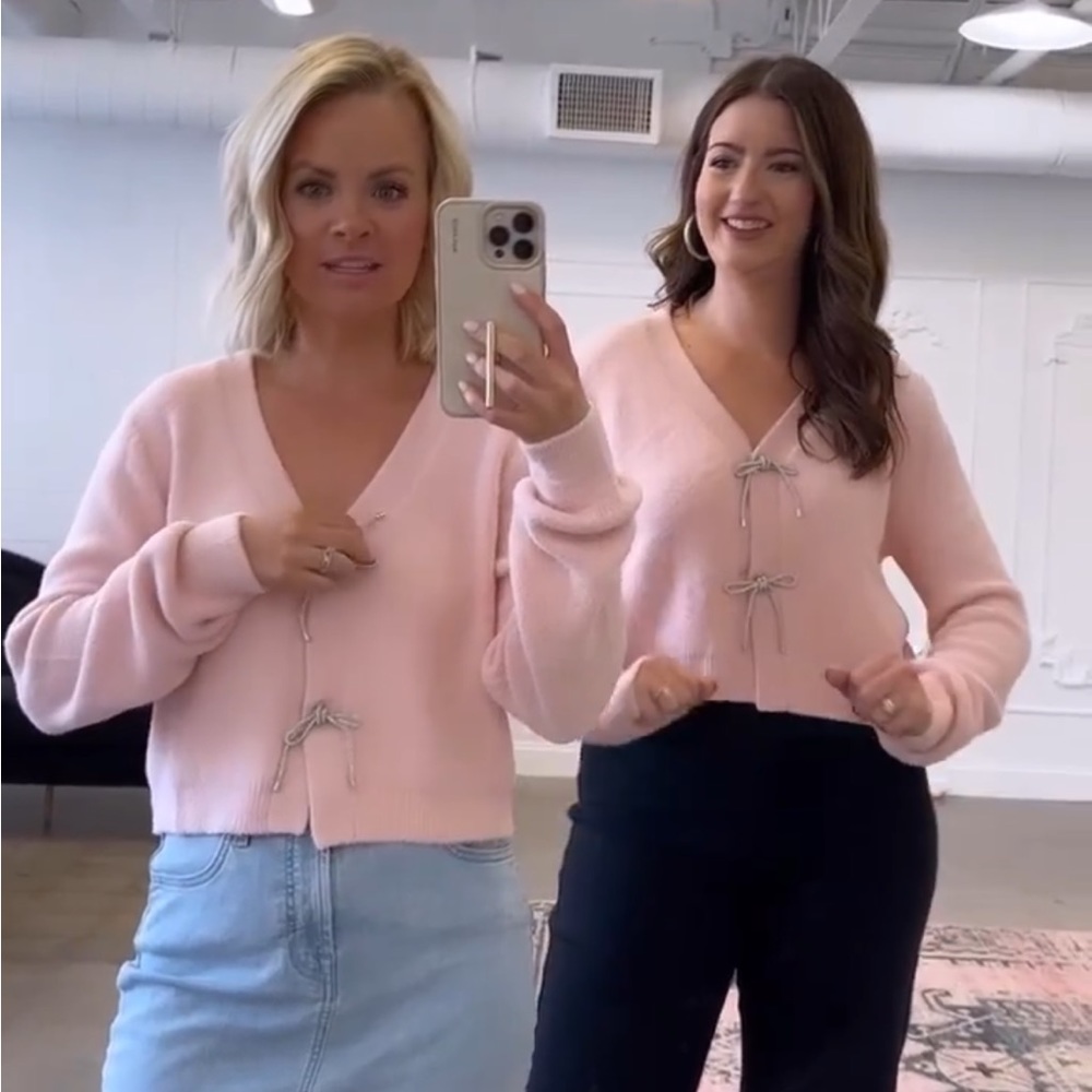 Pink Rhinestone Bow V Neck Sweater